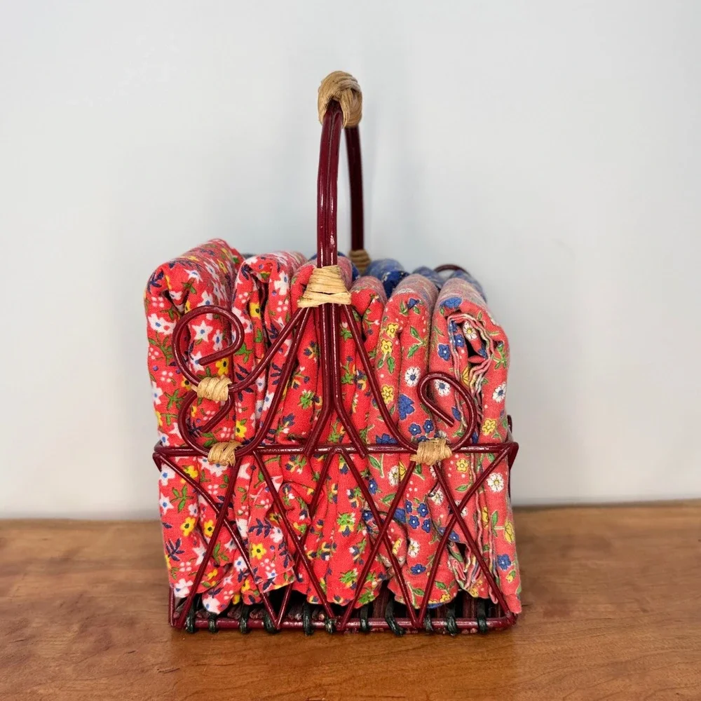 Vintage Floral Calico Cloth Napkins Set of 12 with Wire Wicker Caddy Red Blue